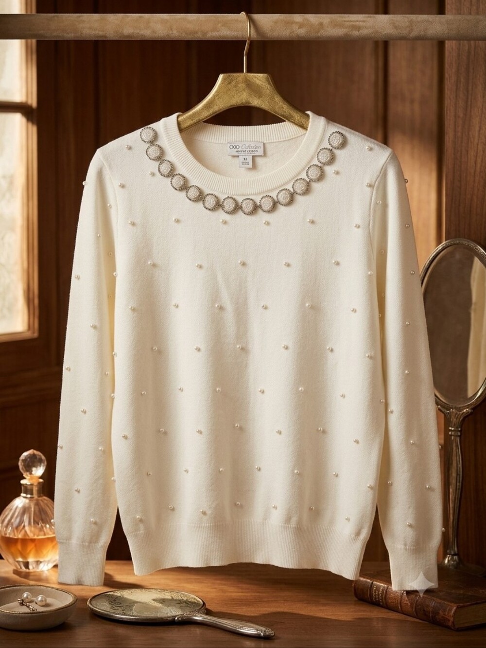 Cato Limited Edition Ivory Embellished Pearl Rhinestone Sweater Medium NWT